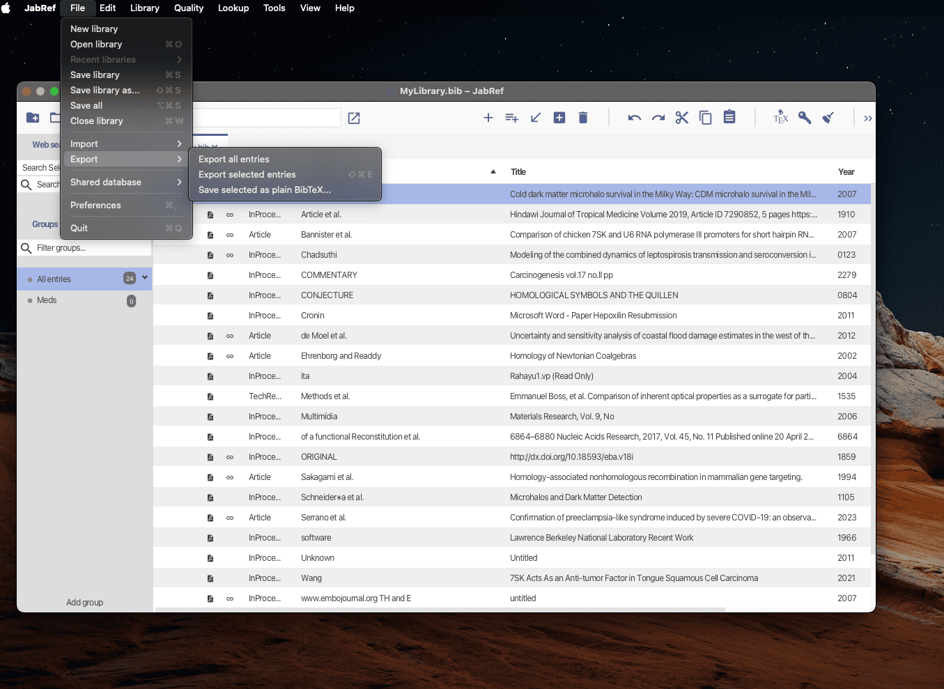 JabRef on macOS with the File menu open on Export and its submenu showing “Export all entries”, “Export selected entries” and “Save selected as plain BibTeX…”, over a library list of entries.